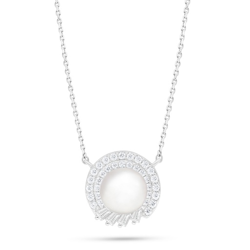 [NCL01FPR00WCZB901] Sterling Silver 925 Necklace Rhodium Plated Embedded With Natural White Pearl And White Zircon