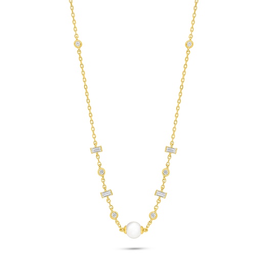 [NCL02FPR00WCZB903] Sterling Silver 925 Necklace Golden Plated Embedded With Natural White Pearl And White Zircon 