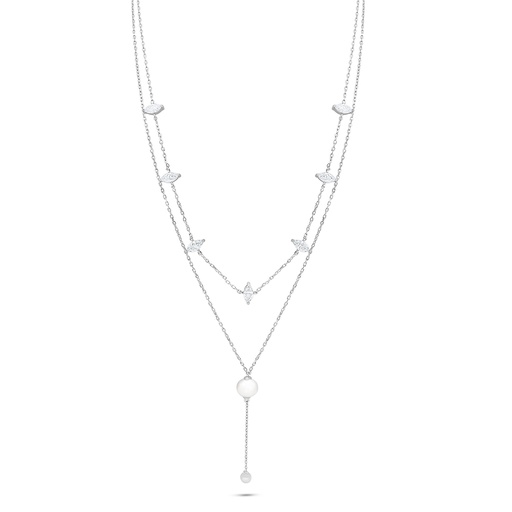 [NCL01FPR00WCZB904] Sterling Silver 925 Necklace Rhodium Plated Embedded With Natural White Pearl And White Zircon 