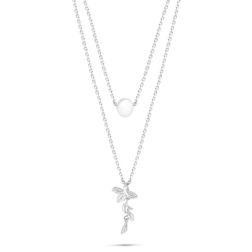 [NCL01FPR00WCZB905] Sterling Silver 925 Necklace Rhodium Plated Embedded With Natural White Pearl And White Zircon 