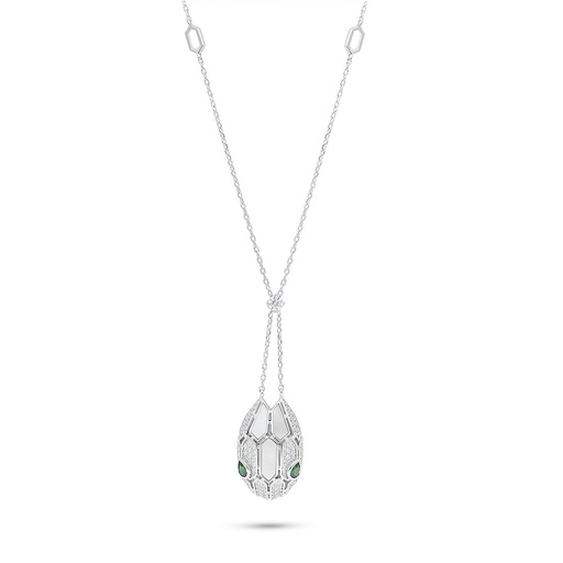 [NCL01MOP00EMRB911] Sterling Silver 925 Necklace Rhodium Plated Embedded With White Shell And Emerald Zircon And White Zircon