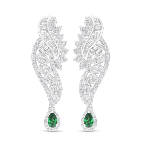 [EAR01EMR00WCZC876] Sterling Silver 925 Earring Rhodium Plated Embedded With Emerald Zircon And White Zircon