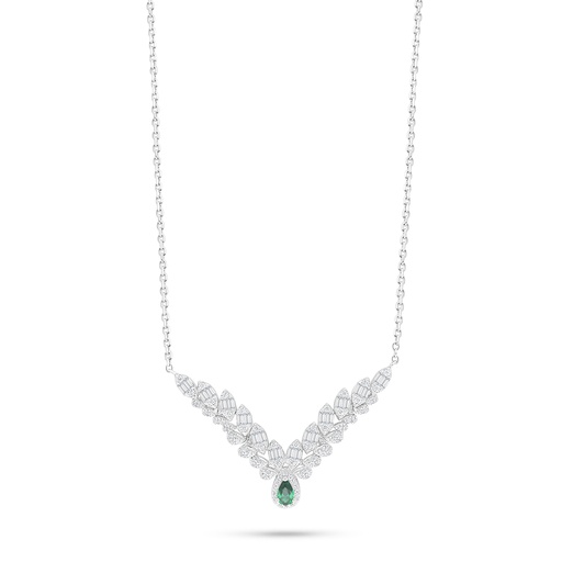 [NCL01EMR00WCZB961] Sterling Silver 925 Necklace Rhodium Plated Embedded With Emerald Zircon And White Zircon