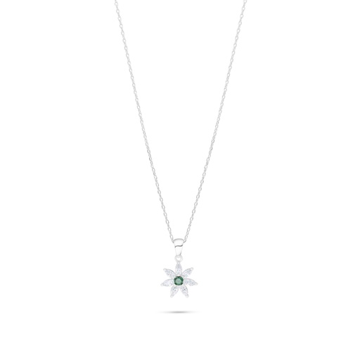 [NCL01EMR00WCZB976] Sterling Silver 925 Necklace Rhodium Plated Embedded With Emerald Zircon And White Zircon