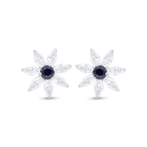 [EAR01SAP00WCZC893] Sterling Silver 925 Earring Rhodium Plated Embedded With Sapphire Corundum And White Zircon