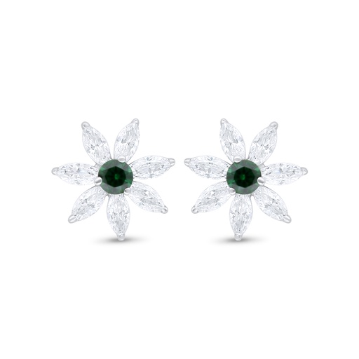 [EAR01EMR00WCZC893] Sterling Silver 925 Earring Rhodium Plated Embedded With Emerald Zircon And White Zircon