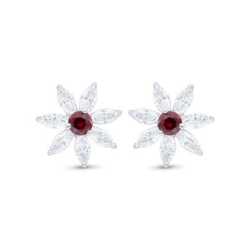 [EAR01RUB00WCZC893] Sterling Silver 925 Earring Rhodium Plated Embedded With Ruby Corundum And White Zircon