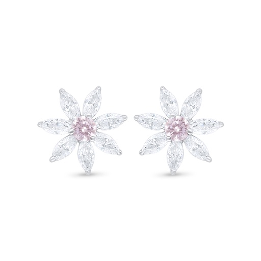 [EAR01PIK00WCZC893] Sterling Silver 925 Earring Rhodium Plated Embedded With Pink Zircon And White Zircon