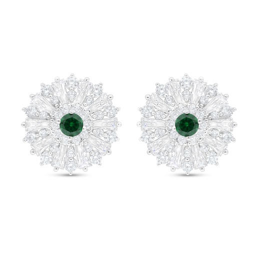 [EAR01EMR00WCZC902] Sterling Silver 925 Earring Rhodium Plated Embedded With Emerald Zircon And White Zircon