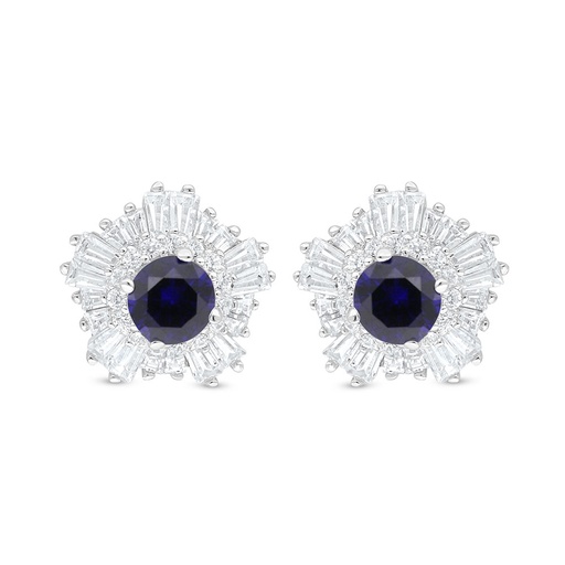 [EAR01SAP00WCZC908] Sterling Silver 925 Earring Rhodium Plated Embedded With Sapphire Corundum And White Zircon