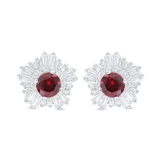 [EAR01RUB00WCZC908] Sterling Silver 925 Earring Rhodium Plated Embedded With Ruby Corundum And White Zircon