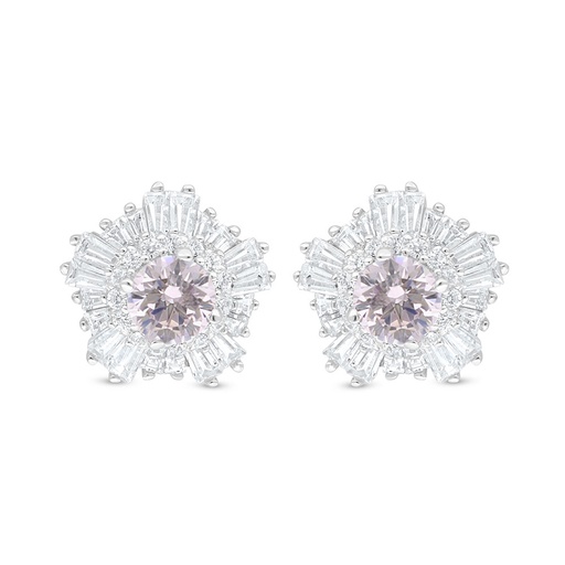 [EAR01PIK00WCZC908] Sterling Silver 925 Earring Rhodium Plated Embedded With Pink Zircon And White Zircon