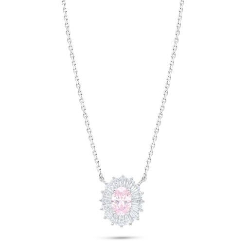 [NCL01PIK00WCZB993] Sterling Silver 925 Necklace Rhodium Plated Embedded With Pink Zircon And White Zircon