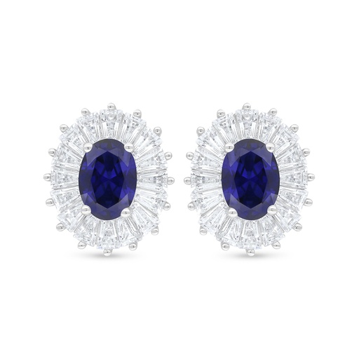 [EAR01SAP00WCZC909] Sterling Silver 925 Earring Rhodium Plated Embedded With Sapphire Corundum And White Zircon