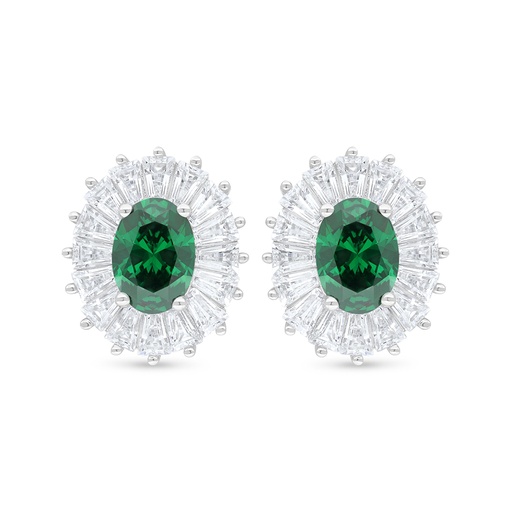 [EAR01EMR00WCZC909] Sterling Silver 925 Earring Rhodium Plated Embedded With Emerald Zircon And White Zircon