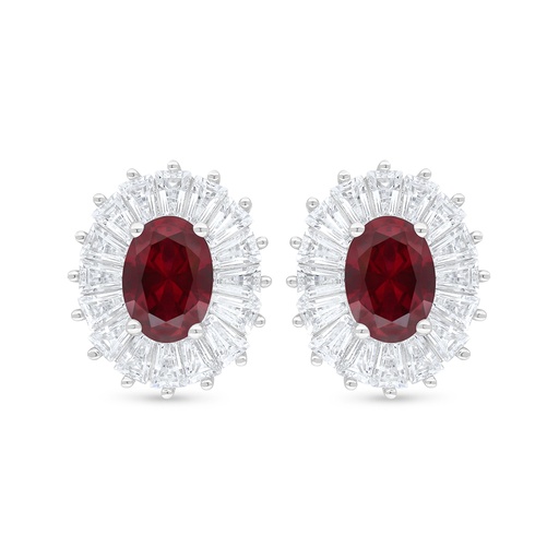 [EAR01RUB00WCZC909] Sterling Silver 925 Earring Rhodium Plated Embedded With Ruby Corundum And White Zircon