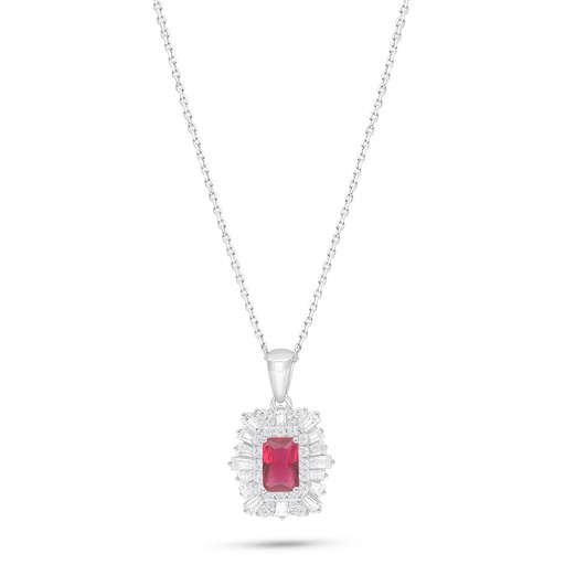 [NCL01RUB00WCZB994] Sterling Silver 925 Necklace Rhodium Plated Embedded With Ruby Corundum And White Zircon