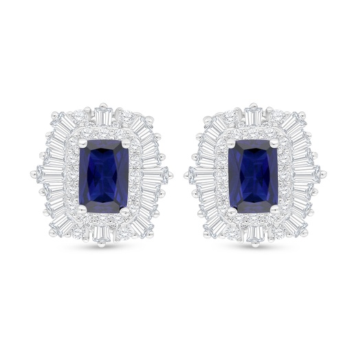 [EAR01SAP00WCZC910] Sterling Silver 925 Earring Rhodium Plated Embedded With Sapphire Corundum And White Zircon