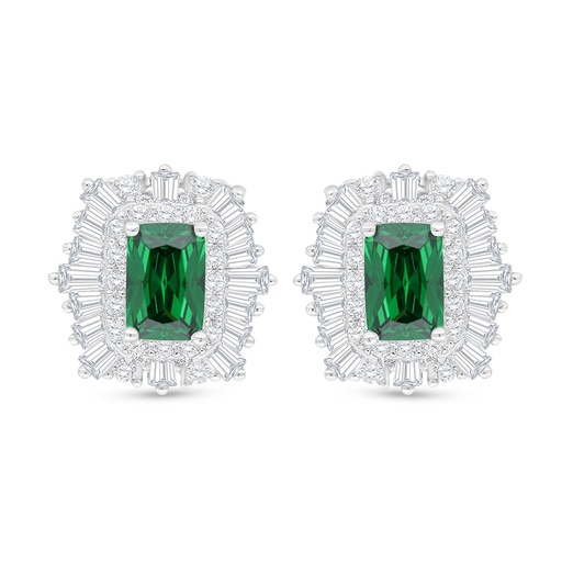 [EAR01EMR00WCZC910] Sterling Silver 925 Earring Rhodium Plated Embedded With Emerald Zircon And White Zircon