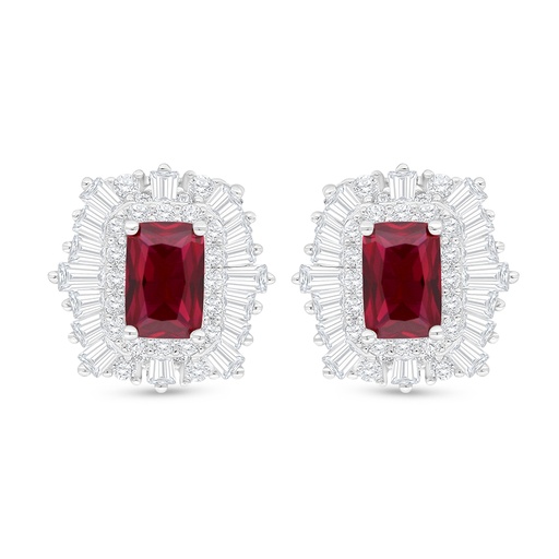 [EAR01RUB00WCZC910] Sterling Silver 925 Earring Rhodium Plated Embedded With Ruby Corundum And White Zircon