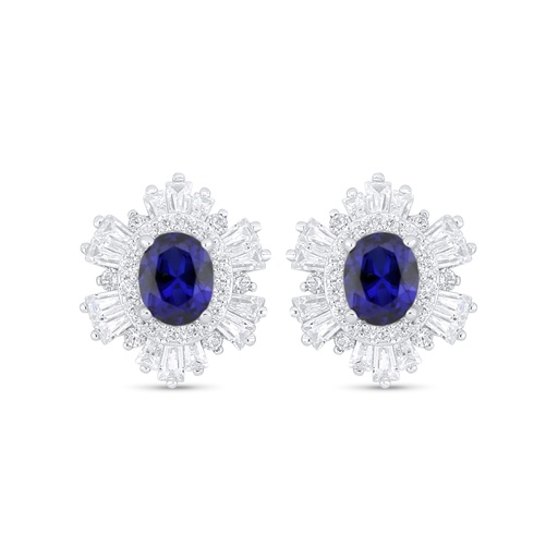 [EAR01SAP00WCZC911] Sterling Silver 925 Earring Rhodium Plated Embedded With Sapphire Corundum And White Zircon