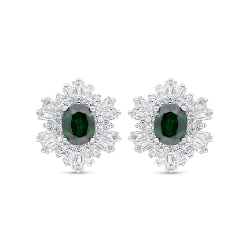 [EAR01EMR00WCZC911] Sterling Silver 925 Earring Rhodium Plated Embedded With Emerald Zircon And White Zircon