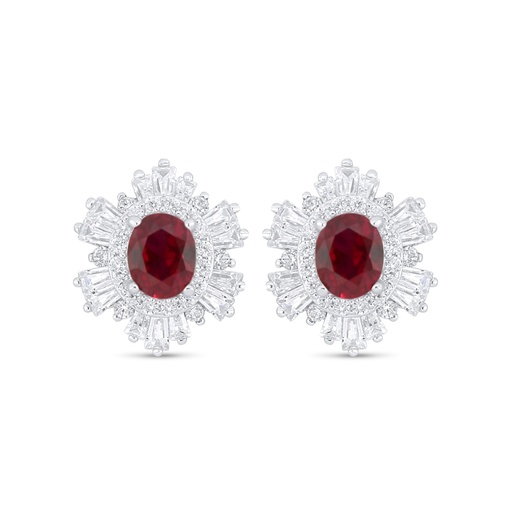 [EAR01RUB00WCZC911] Sterling Silver 925 Earring Rhodium Plated Embedded With Ruby Corundum And White Zircon