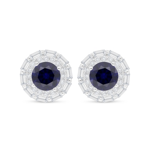 [EAR01SAP00WCZC912] Sterling Silver 925 Earring Rhodium Plated Embedded With Sapphire Corundum And White Zircon