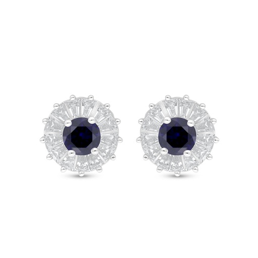 [EAR01SAP00WCZC913] Sterling Silver 925 Earring Rhodium Plated Embedded With Sapphire Corundum And White Zircon