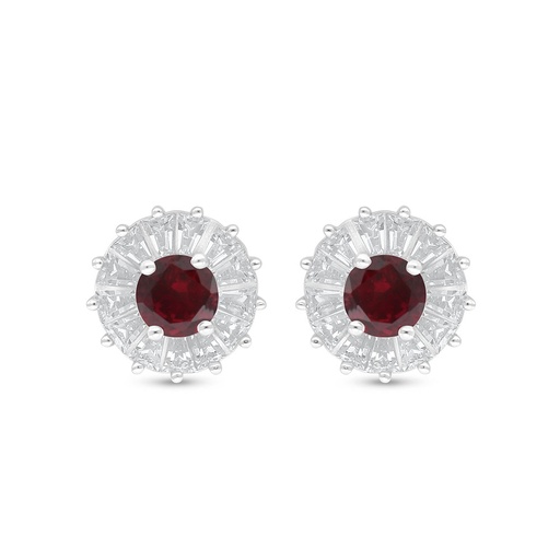 [EAR01RUB00WCZC913] Sterling Silver 925 Earring Rhodium Plated Embedded With Ruby Corundum And White Zircon