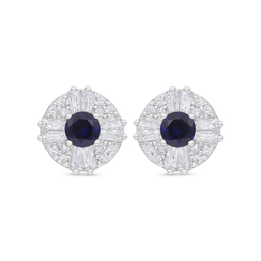 [EAR01SAP00WCZC914] Sterling Silver 925 Earring Rhodium Plated Embedded With Sapphire Corundum And White Zircon