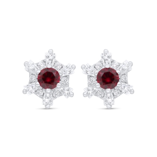 [EAR01RUB00WCZC916] Sterling Silver 925 Earring Rhodium Plated Embedded With Ruby Corundum And White Zircon