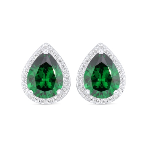 [EAR01EMR00WCZC917] Sterling Silver 925 Earring Rhodium Plated Embedded With Emerald Zircon And White Zircon