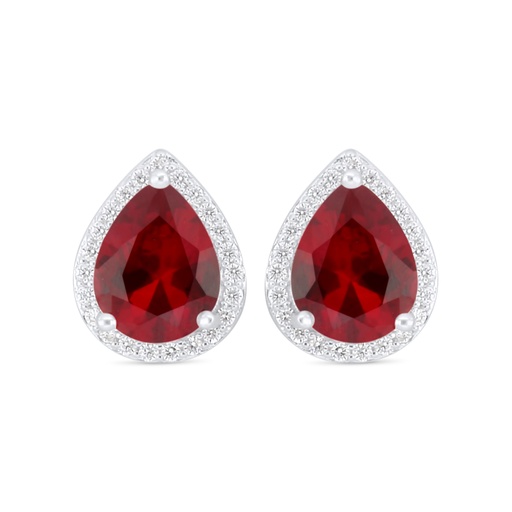 [EAR01RUB00WCZC917] Sterling Silver 925 Earring Rhodium Plated Embedded With Ruby Corundum And White Zircon