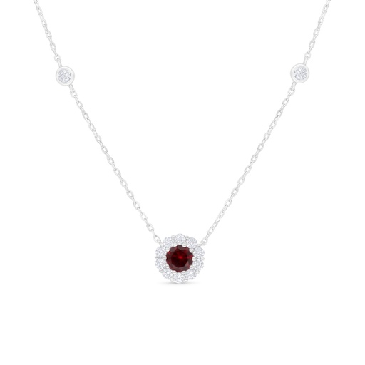 [NCL01RUB00WCZC003] Sterling Silver 925 Necklace Rhodium Plated Embedded With Ruby Corundum And White Zircon