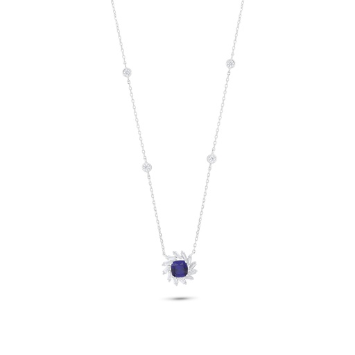 [NCL01SAP00WCZC004] Sterling Silver 925 Necklace Rhodium Plated Embedded With Sapphire Corundum And White Zircon