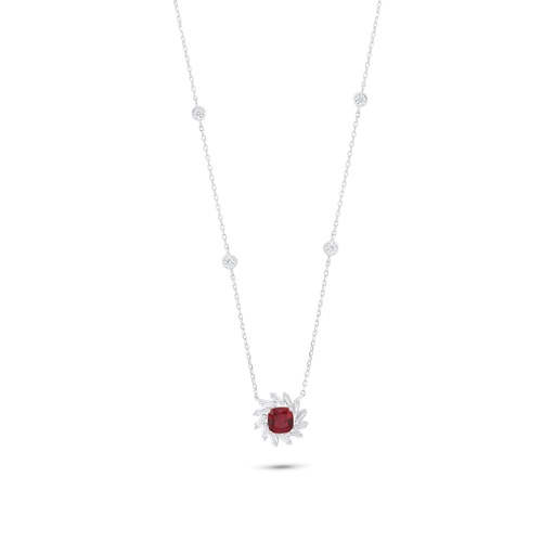 [NCL01RUB00WCZC004] Sterling Silver 925 Necklace Rhodium Plated Embedded With Ruby Corundum And White Zircon