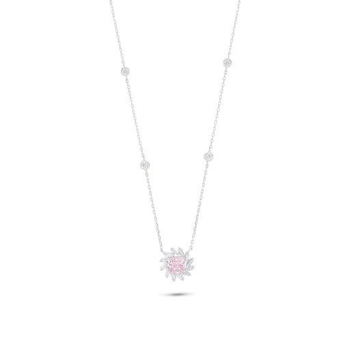 [NCL01PIK00WCZC004] Sterling Silver 925 Necklace Rhodium Plated Embedded With Pink Zircon And White Zircon