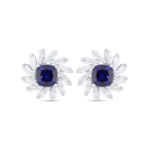 [EAR01SAP00WCZC920] Sterling Silver 925 Earring Rhodium Plated Embedded With Sapphire Corundum And White Zircon