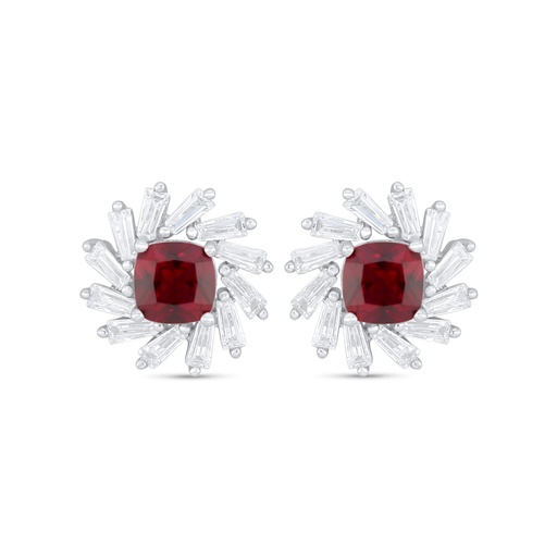 [EAR01RUB00WCZC920] Sterling Silver 925 Earring Rhodium Plated Embedded With Ruby Corundum And White Zircon