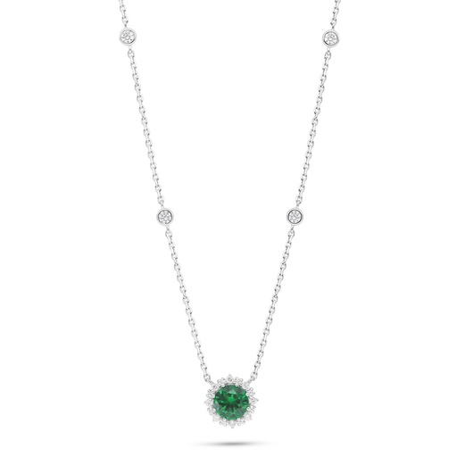 [NCL01EMR00WCZC005] Sterling Silver 925 Necklace Rhodium Plated Embedded With Emerald Zircon And White Zircon