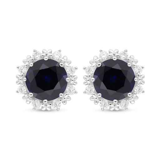 [EAR01SAP00WCZC921] Sterling Silver 925 Earring Rhodium Plated Embedded With Sapphire Corundum And White Zircon