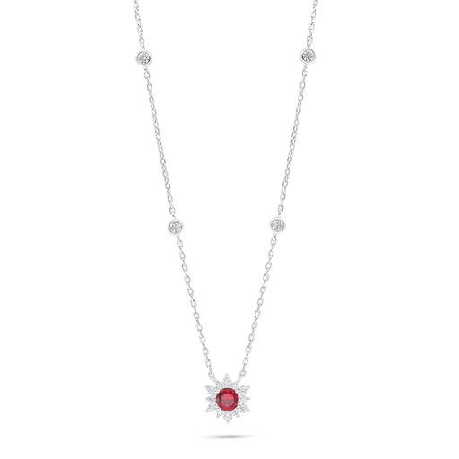 [NCL01RUB00WCZC007] Sterling Silver 925 Necklace Rhodium Plated Embedded With Ruby Corundum And White Zircon