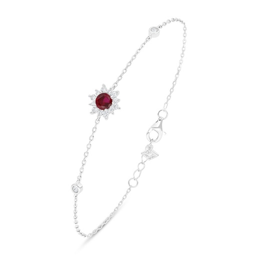 [BRC01RUB00WCZB471] Sterling Silver 925 Bracelet Rhodium Plated Embedded With Ruby Corundum And White Zircon