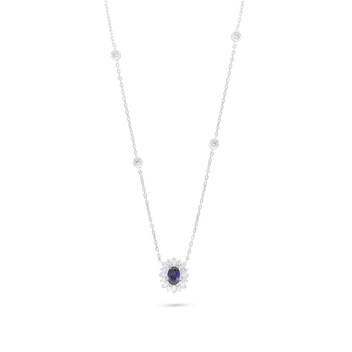 [NCL01SAP00WCZC008] Sterling Silver 925 Necklace Rhodium Plated Embedded With Sapphire Corundum And White Zircon