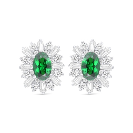 [EAR01EMR00WCZC924] Sterling Silver 925 Earring Rhodium Plated Embedded With Emerald Zircon And White Zircon