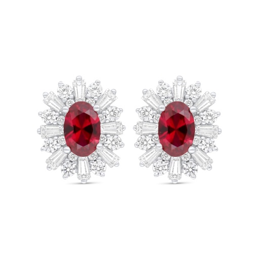 [EAR01RUB00WCZC924] Sterling Silver 925 Earring Rhodium Plated Embedded With Ruby Corundum And White Zircon