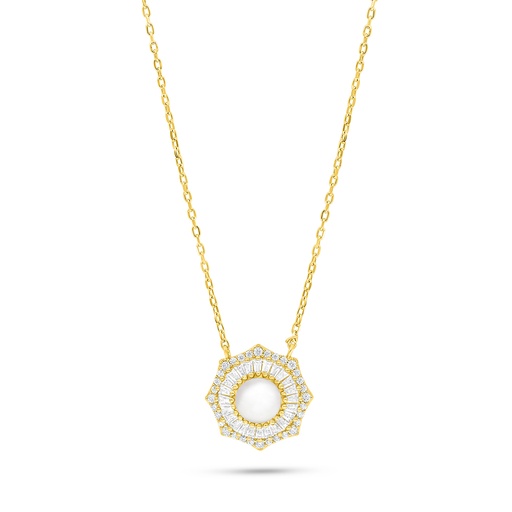 [NCL02FPR00WCZC009] Sterling Silver 925 Necklace Golden Plated Embedded With Natural White Pearl And White Zircon 