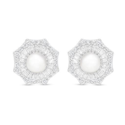 [EAR01FPR00WCZC925] Sterling Silver 925 Earring Rhodium Plated Embedded With Natural White Pearl And White Zircon 