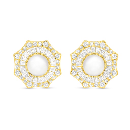 [EAR02FPR00WCZC925] Sterling Silver 925 Earring Golden Plated Embedded With Natural White Pearl And White Zircon 